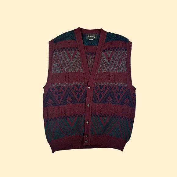 1990s geometric Arslanli wool vest, size L vintage burgundy/green sweater vest - Picture 1 of 8